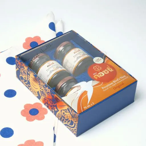 กล่องของขวัญ รังนกแท้พรีเมี่ยม 3 ขวด ห่อผ้าฟุโรชิกิ - Navy - Cozxy | Health Product Image